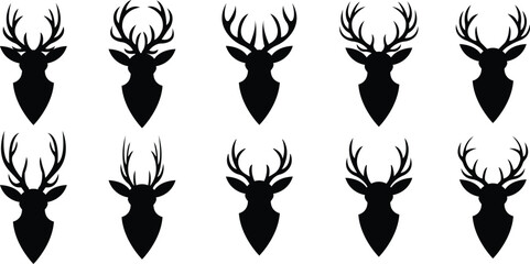 Deer antlers head icons set collection with stag buck reindeer silhouettes in flat style, wildlife animal outline illustration group for logo branding tattoo design © Asia
