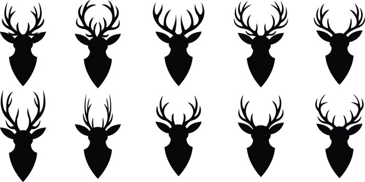 Deer antlers head icons set collection with stag buck reindeer silhouettes in flat style, wildlife animal outline illustration group for logo branding tattoo design