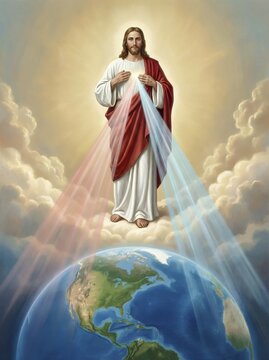 Divine Mercy image of Jesus with rays of blood and water flowing down from heaven into the earth