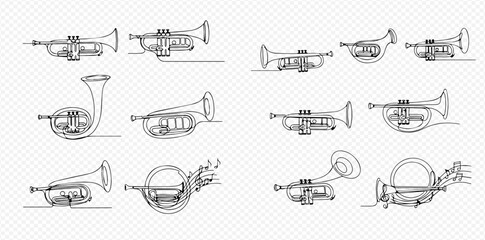 Continuous line drawing of various brass musical instruments including trumpets and French horns. © Lunara Arts