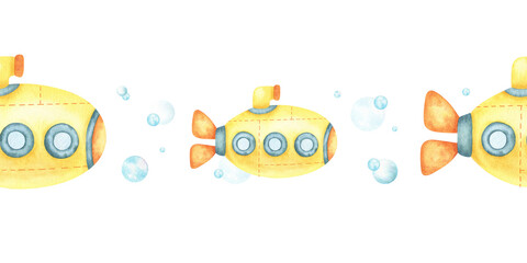 Fototapeta premium Yellow submarine and bubbles hand drawn watercolor seamless border. Kids lane background of underwater transport. Nursery banner of sub for children design, fabric, scrapbooking, baby bedding