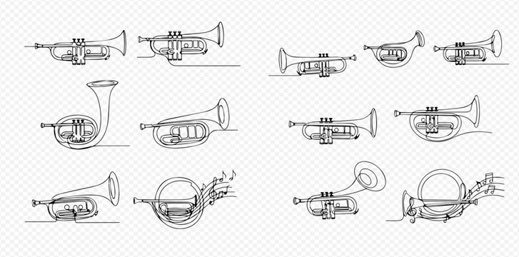 Continuous line drawing of various brass musical instruments including trumpets and French horns.
