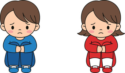 Cute sad cartoon boy and girl sitting alone showing unhappy emotions isolated on white background vector © MdAbuSayed