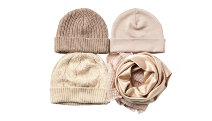 Overhead view of folded supportive head coverings including knitted caps and lightweight scarves showcasing compact arrangement and varied material softness.