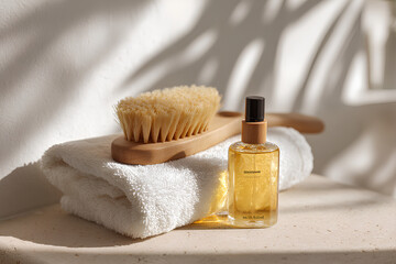 Minimalist bathroom scene with natural dry brush golden body oil and white towel on stone vanity in bright daylight creating calming wellness mood
