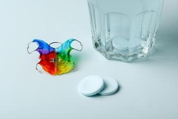 Orthodontic expander retainer beside effervescent tablet in water glass on light blue background for dental disinfection.