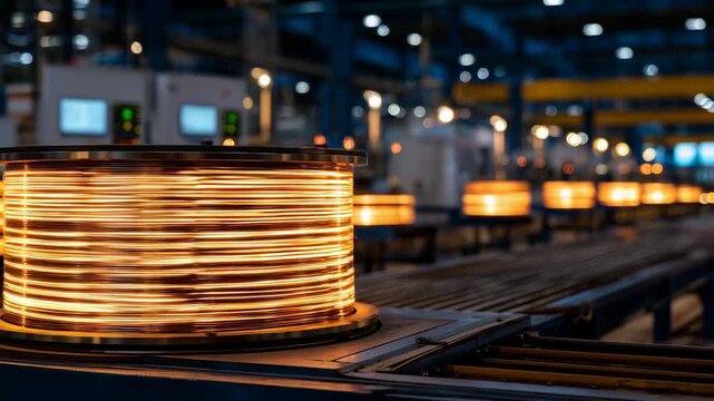 369Artistic close-up of golden coil, coiled windings glint under intense factory lights, steel transformer platform and partially visible control panels creating industrial atmosphere
