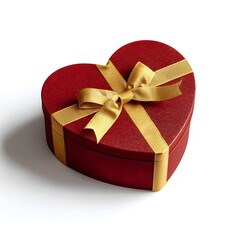 Red heart-shaped gift box with gold bow, isolated on white background