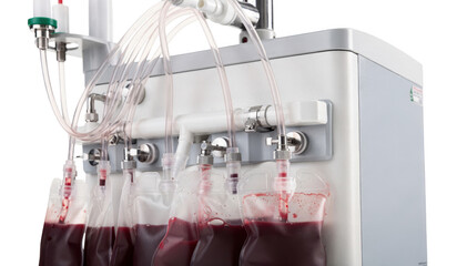 Closeup of apheresis device with focus on transparent tubing and blood collection bags isolated on a white background showcasing the precision of stem cell harvesting setup.