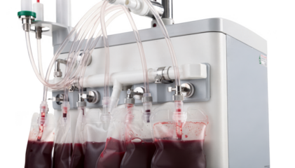 Closeup of apheresis device with focus on transparent tubing and blood collection bags isolated on a white background showcasing the precision of stem cell harvesting setup.