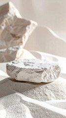 White stone podium mockup for cosmetic product presentation, white sand scattered around