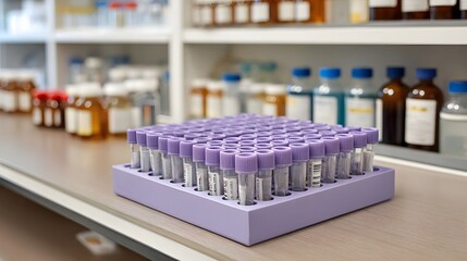 A tray of purple capped vials is arranged on a lab counter with shelves of medical supplies in the background