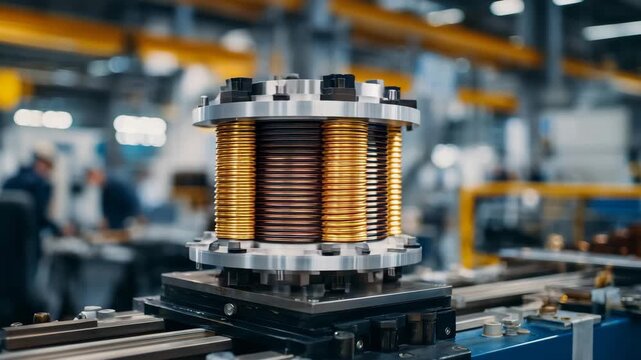372Cinematic macro of high-voltage superconductor, polished golden coil detailed with reflections, mounted on steel transformer platform, background blurred industrial equipment, soft