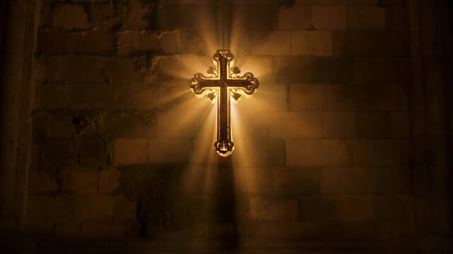 A glowing golden cross shines with divine light in an ancient church. Slow zoom on a religious symbol of faith and hope. Christianity and spirituality concept