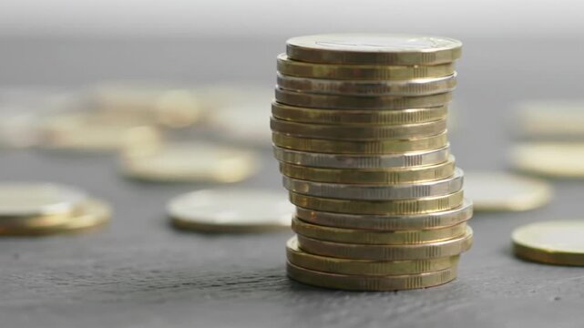 Meticulously stacked polished gold and silver coins on dark stone surface, blurred coins foreground/background, slow dolly push-in video. Concept of financial growth