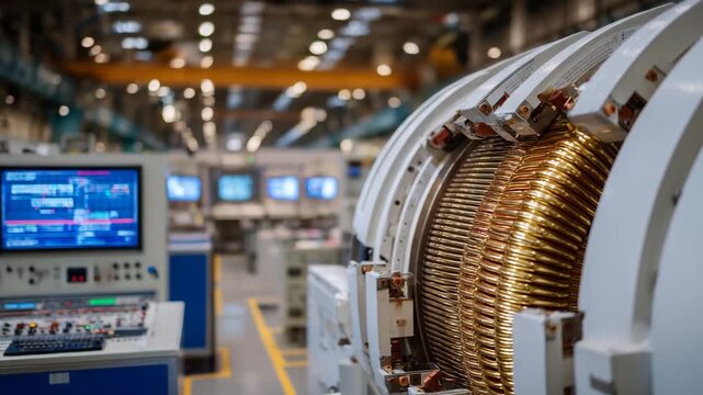 379Detailed industrial shot of superconducting coil, golden windings tightly coiled, metallic bolts and brackets sharply in focus, background control panels softly out of focus, light