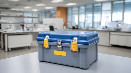 A secure blue and grey sample storage case with yellow latches displayed in a science laboratory