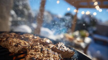 386Close-up of sizzling barbecue, flames licking grilled meat, snow-covered backyard softly blurred in background, sunlight reflecting off icy surfaces, cozy winter outdoor scene
