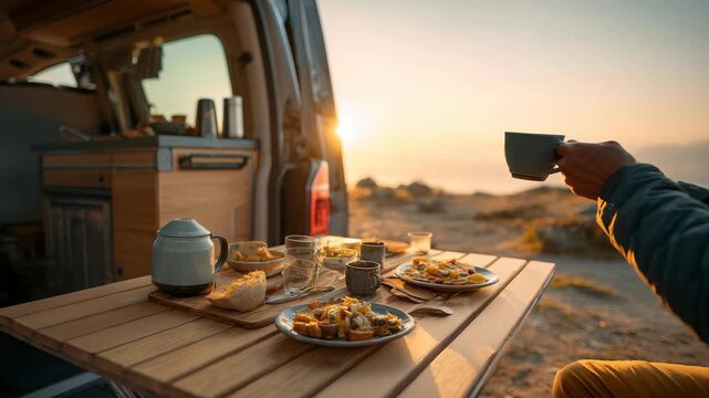 A cozy camper van setup features a delicious breakfast spread and hot drinks enjoyed at sunrise in a beautiful natural setting. Perfect for travel enthusiasts embracing vanlife and outdoor experiences