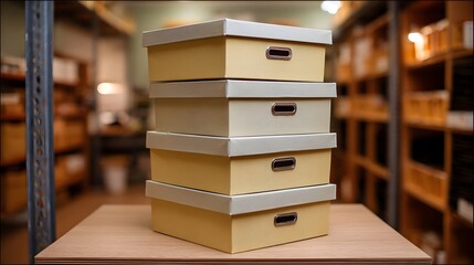 A stack of five light yellow storage boxes with cream lids and handles sits on a wooden table in a warehouse