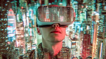 portrait of a young man wearing VR headset exploring virtual