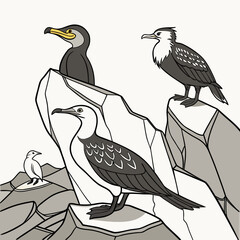 Obraz premium Seabirds on rocky outcrops cliffs black and white