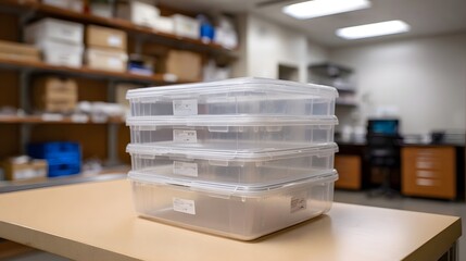 A stack of clear plastic storage containers sits neatly on a table in a well organized facility storage area with shelves in the background