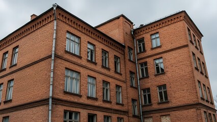 Fototapeta premium Red Brick Urban Apartment Building with Multiple Windows Under Cloudy Sky brick building urban architecture
