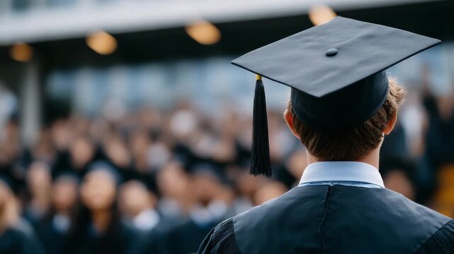 A graduate standing proudly in academic attire, mortarboard cap in focus, rows of fellow students blurred behind, soft natural light emphasizing achievement and celebration