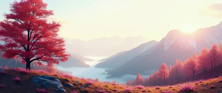 Majestic autumn landscape with vibrant trees swaying gently; camera pans slowly across serene mountain valley, capturing warm sunrise hues in a cinematic style.