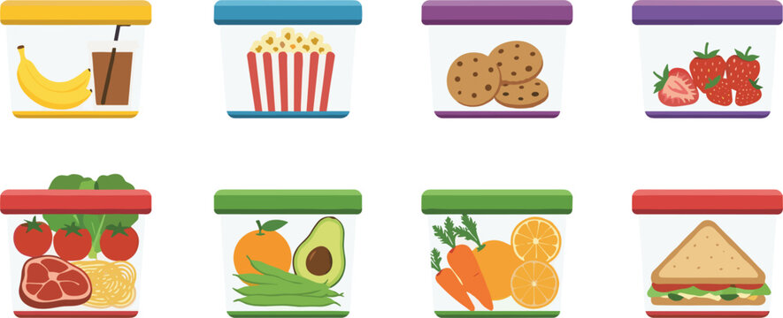 Set of clear plastic meal prep containers with colorful lids filled with healthy snacks fruits vegetables sandwiches and balanced meals vector illustration