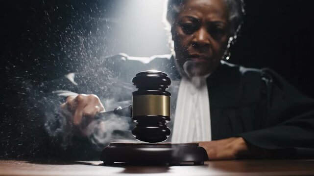 A Cinematic View of Law and Justice, Featuring a Judge with a Gavel in Action