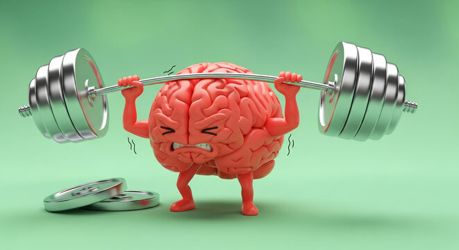 Cartoon brain lifting barbell, strained expression, green background, showcasing mental strength, effort, and cognitive ability