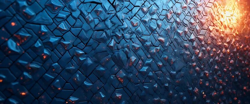 Abstract geometric tiles with glowing accents shift subtly as the camera slowly pans, creating a dynamic and modern visual experience in a cinematic style.