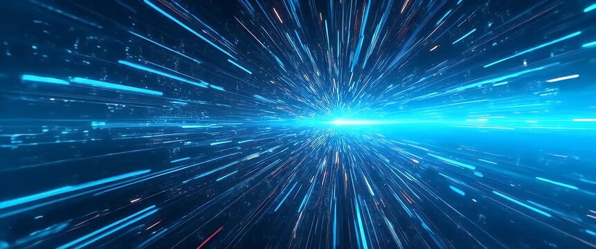 Dynamic futuristic light streaks race through a digital space, as the camera steadily tracks forward, creating a cinematic, immersive journey through a vibrant abstract digital universe.