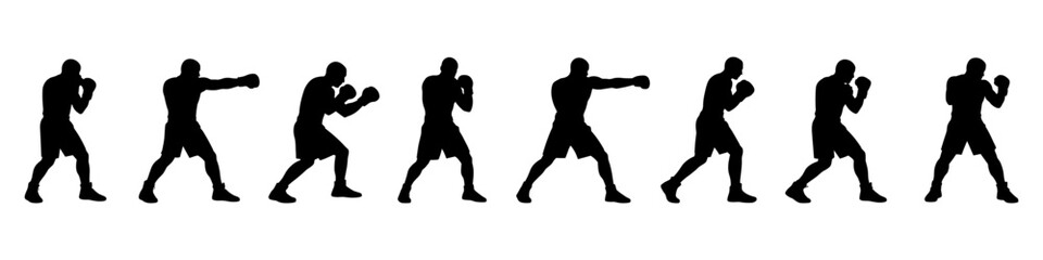 Boxing fighter silhouettes in fighting stances in black. Set of boxers punching and guarding positions