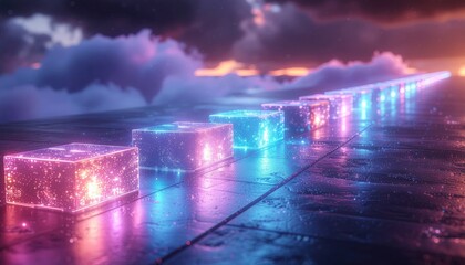 Luminous cubes aligned on reflective surface with neon glow and misty background