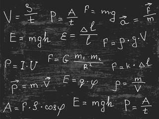 Physics formulas, science and education background in gray. Chalkboard pattern with  Physics  formulas for your design. EPS10