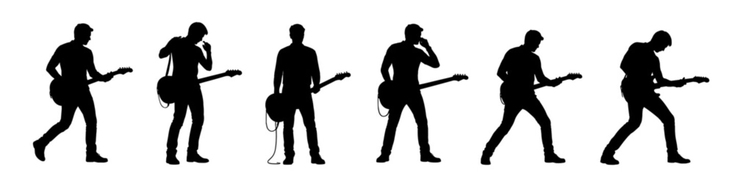 Guitar player musician silhouettes performing in black. Set of rock guitarist stage poses