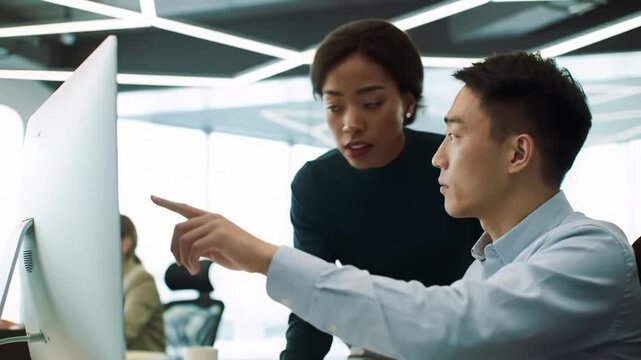 Diverse professionals intensely collaborate in a sleek minimalist office, pointing at a large monitor. Dolly video reveals hands, OTS view, crisp modern lighting. Concept of high productivity