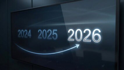 Glowing screen displays futuristic timeline from 2024 to 2026