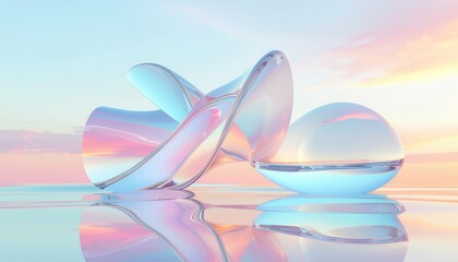 Transparent glass-like abstract sculpture with pastel reflections on glossy surface