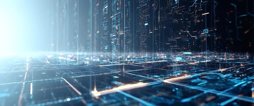 Futuristic digital grid pulses with blue neon light, as camera pans slowly over a high-tech circuit board; particles drift gently, creating a cinematic, immersive technology landscape.