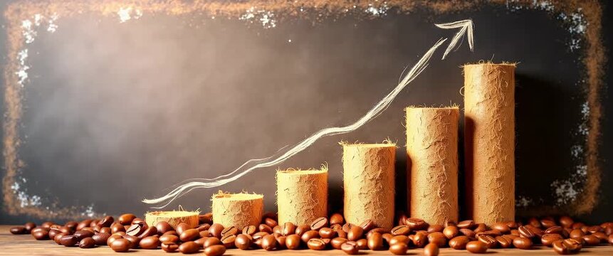 Rustic coffee bean market growth: Bar graph of wooden cylinders surrounded by coffee beans, chalk arrow indicating upward trend, gentle light flicker, slow cinematic pan.