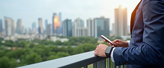 Business professional checks smartphone as urban skyline unfolds; camera slowly pans to reveal bustling cityscape in cinematic style, highlighting technology and modernity. - Powered by Adobe