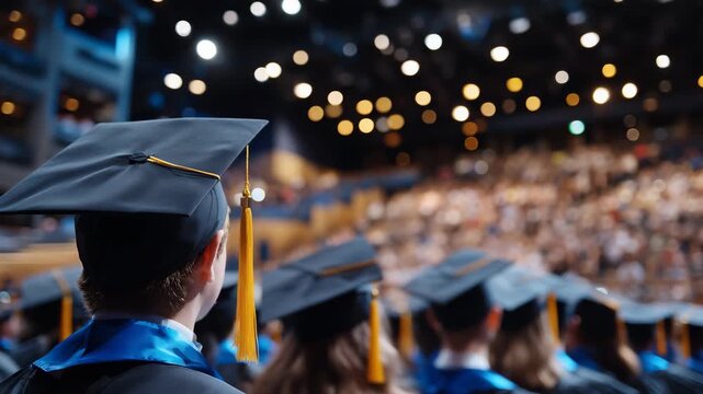 Cinematic graduation scene with students in academic dress, shallow focus highlighting caps and tassels, blurred audience and stage lights in background