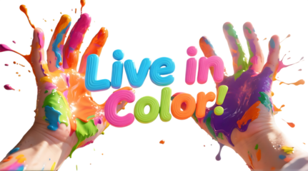 A pair of hands covered in colorful paint with the phrase Live in Color against a black background