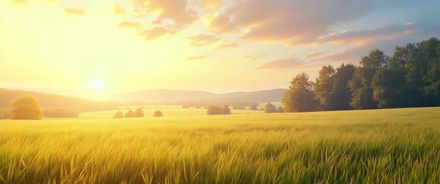 Golden wheat fields sway gently under a vibrant sunset, as the camera slowly pans across a serene landscape, capturing the cinematic beauty of nature with warm, glowing light.