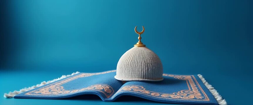 Photo realistic as Prayer rug and mosque dome symbol with space for text on a blue background concept as A sleek prayer rug and mosque dome symbol with ample space for text on a blue background suitab