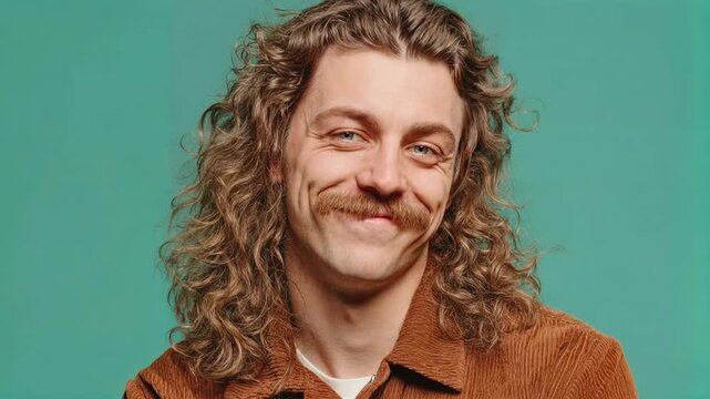 Portrait of confident young man with long hair and gentle smile against clean colorful background conveying individuality creativity openness and modern lifestyle identity